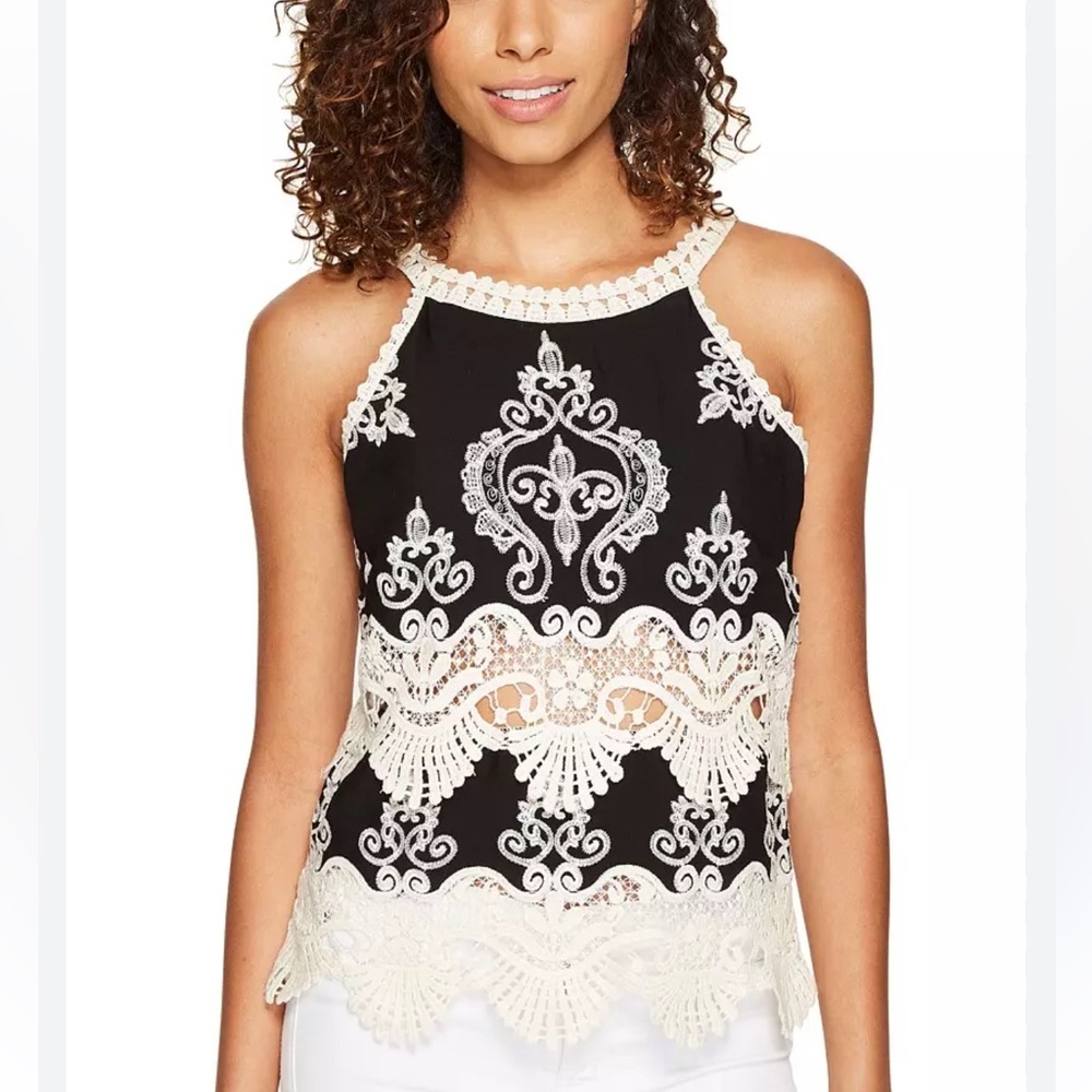 She + Sky Women's Black and Lace Halter Neck Boho Festival Top Size Small